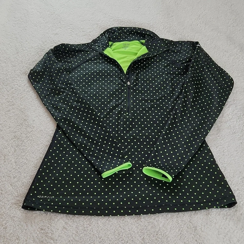NIKE 3/4 zip sporty long sleeve top with thumb holes, black w green polka dots L - Picture 1 of 8